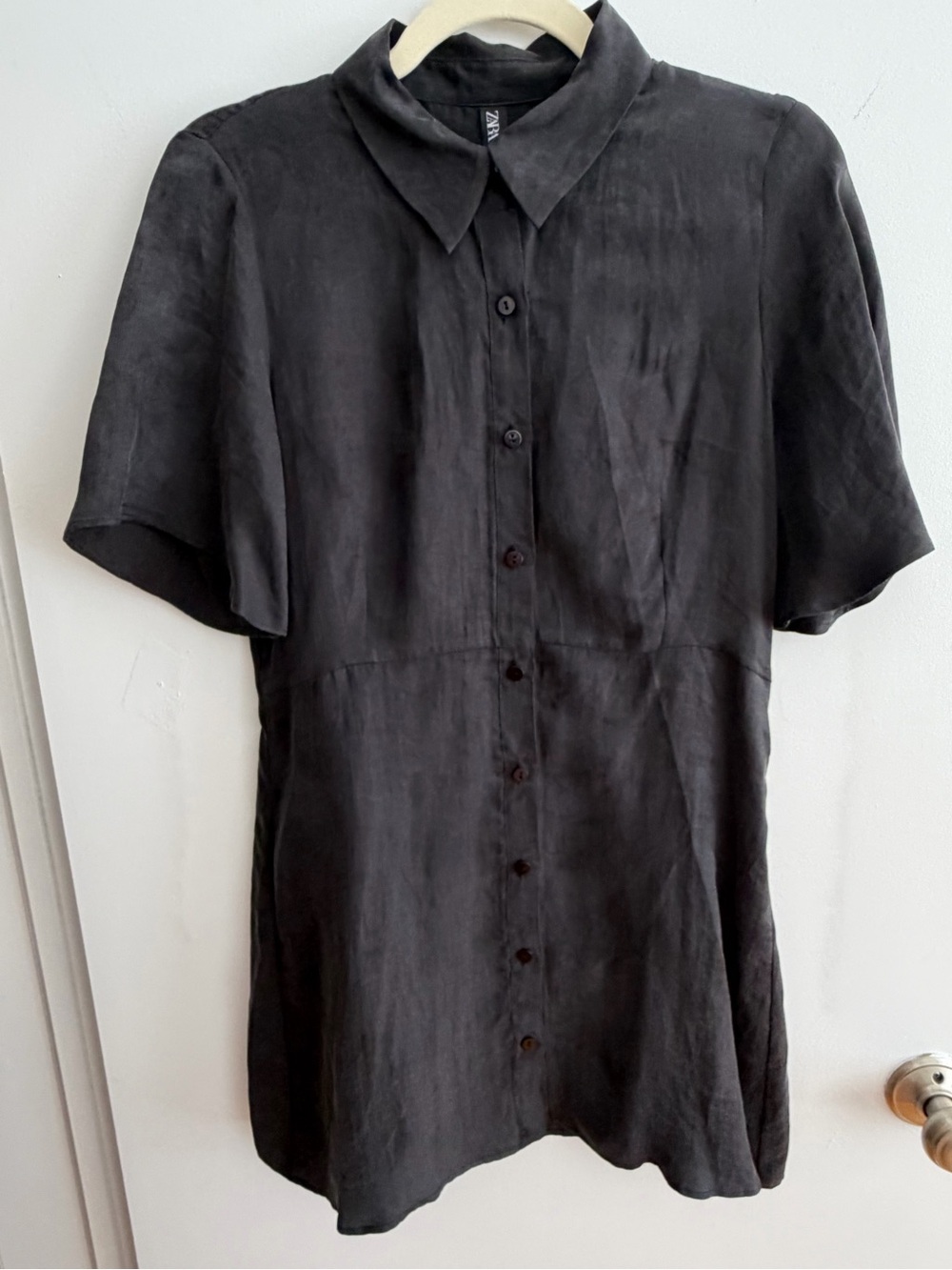 Zara Black Lyocell Flowy Mini Dress Short Sleeve Collar M
